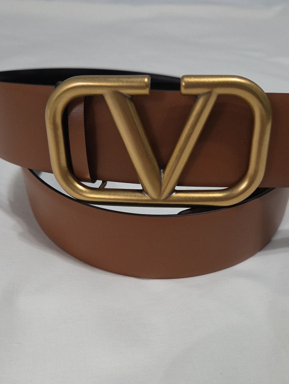Valentino Garavani Reversible Belt Black & Camel Satin Gold V Buckle